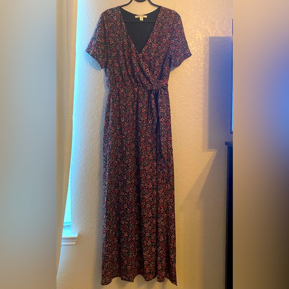 Miami Tie Front Faux Wrap Floral Vneck 
Maxi Dress w/Short Sleeves, Black/Pink M